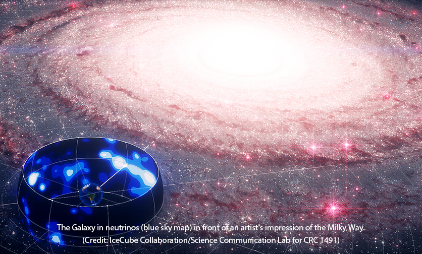 The Galaxy in neutrinos (blue sky map) in front of an artist's impression of the Milky Way.
