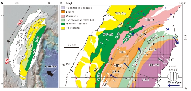 Left: map of metamorphic rocks in Taiwan. Right: geological map in northern Taiwan. Photo credit: Academia Sinica._Image