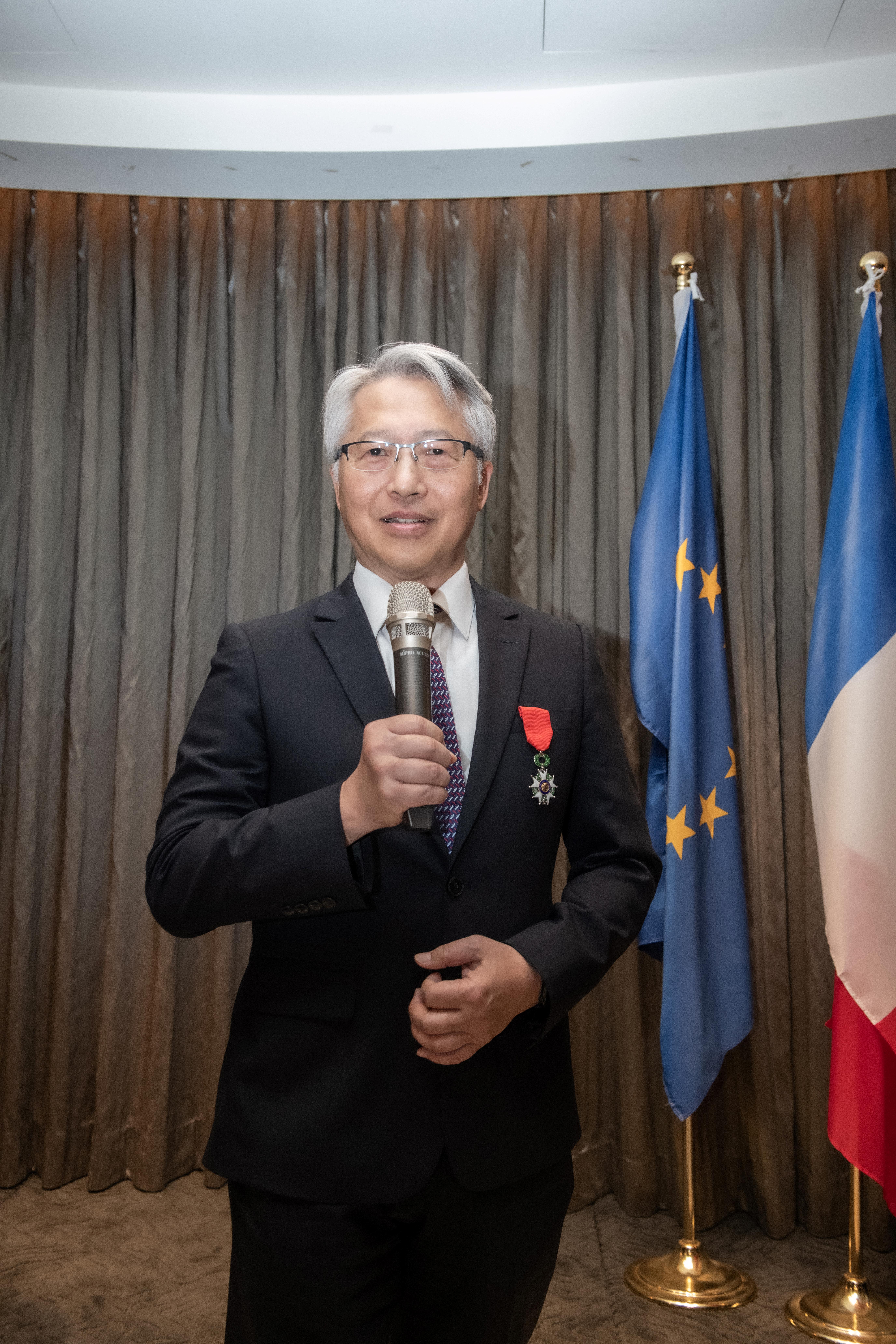 廖俊智院長獲頒法國榮譽軍團騎士勳位勳章後致詞。（圖片來源：中央研究院）